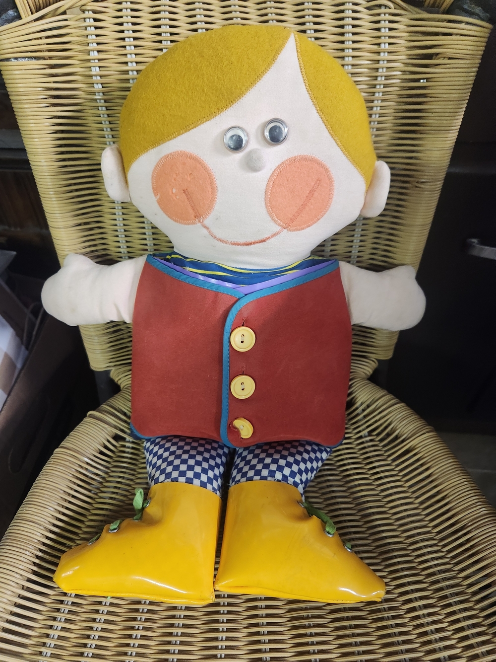 VINTAGE Dapper Dann Kids Plush Doll with Yellow Hair and Bright Yellow Boots